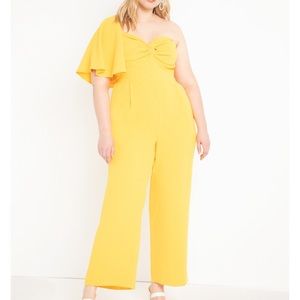Yellow Plus Size Spring Ruffle Easter One Shoulder Wide Leg Jumpsuit NWT